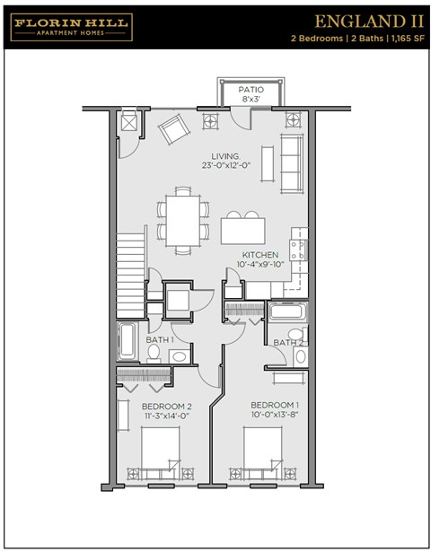 Floor plan for 2 beds, 2 baths, 1165 sqft